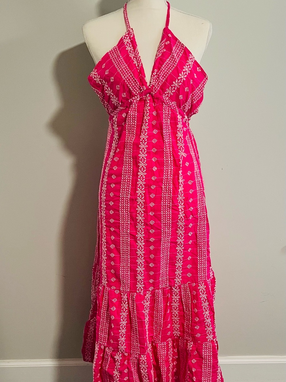 Zara Fuchsia Halter Maxi Dress with White Pattern Size Small